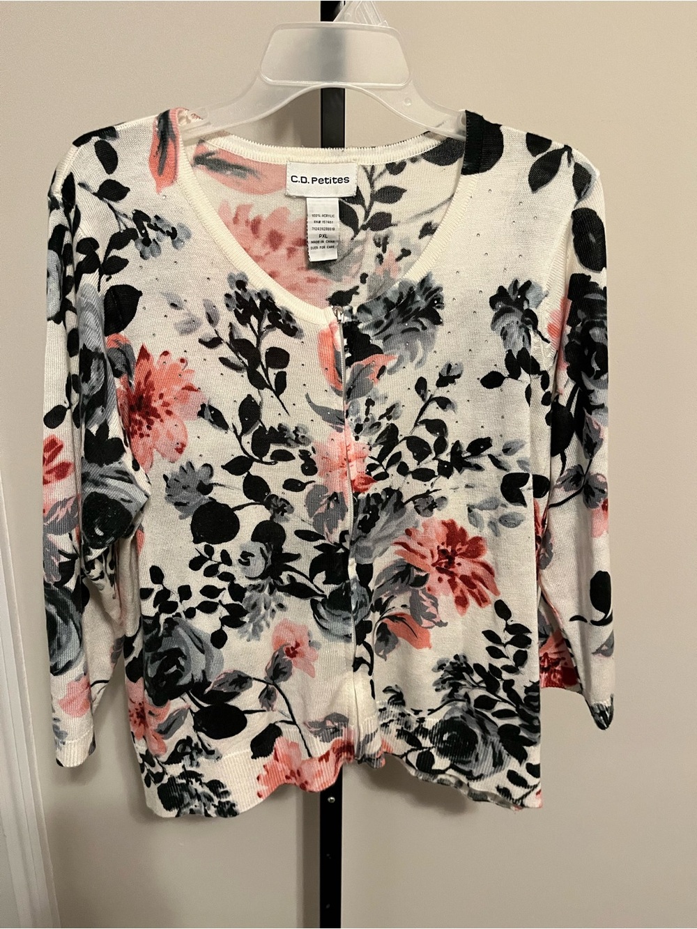C.D. Petites Floral Zipper-Front Cardigan - White with Pink & Gray Blooms